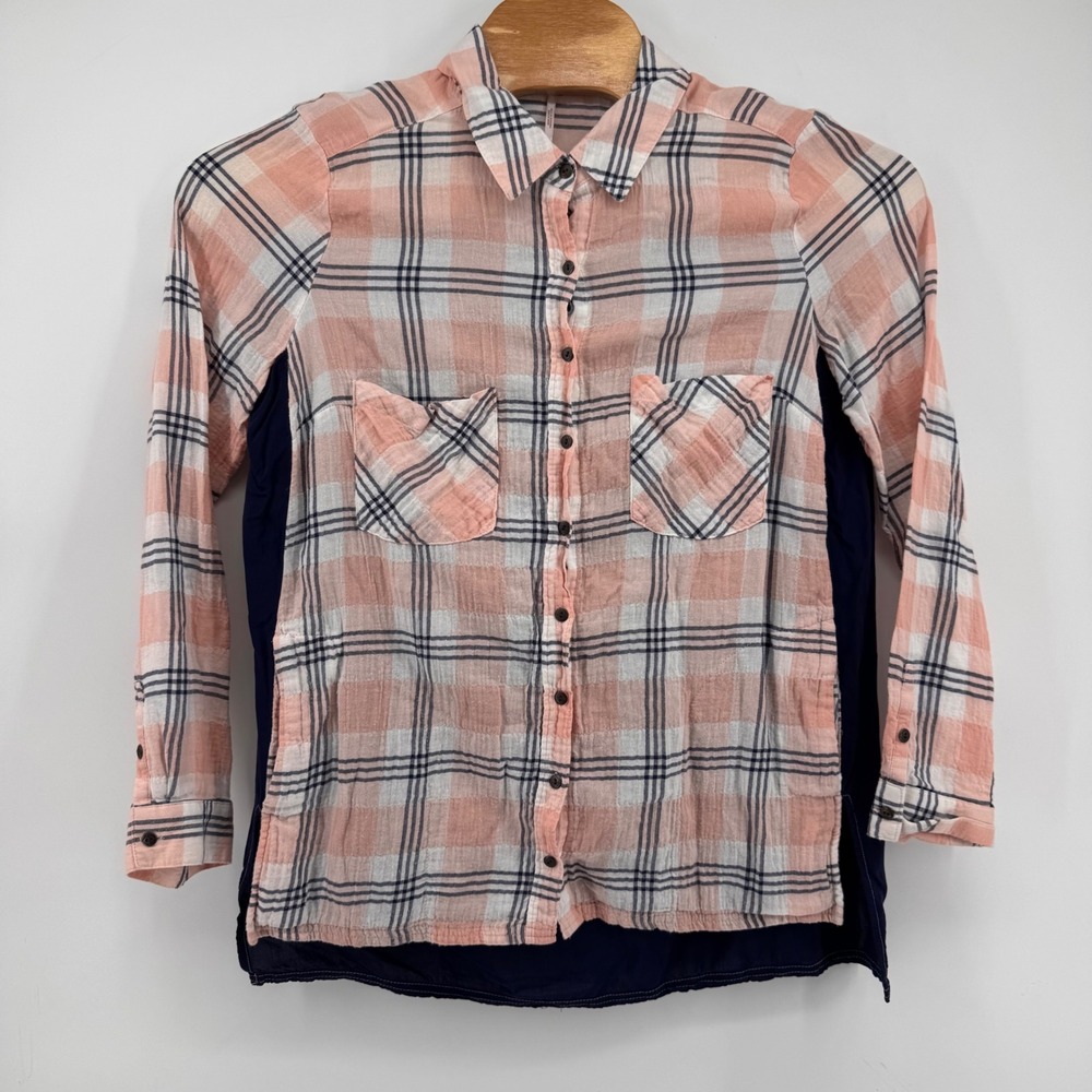 Free People Button Down Womens M Pink Plaid Embroidered Mixed Media‎ Shirt - Picture 2 of 7